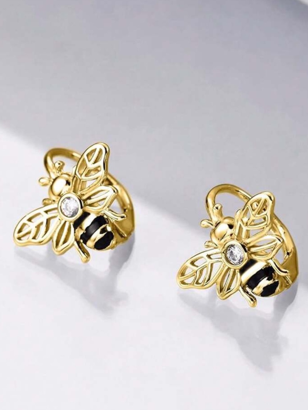 Gold Bee Drop Earrings with Crystal Accent